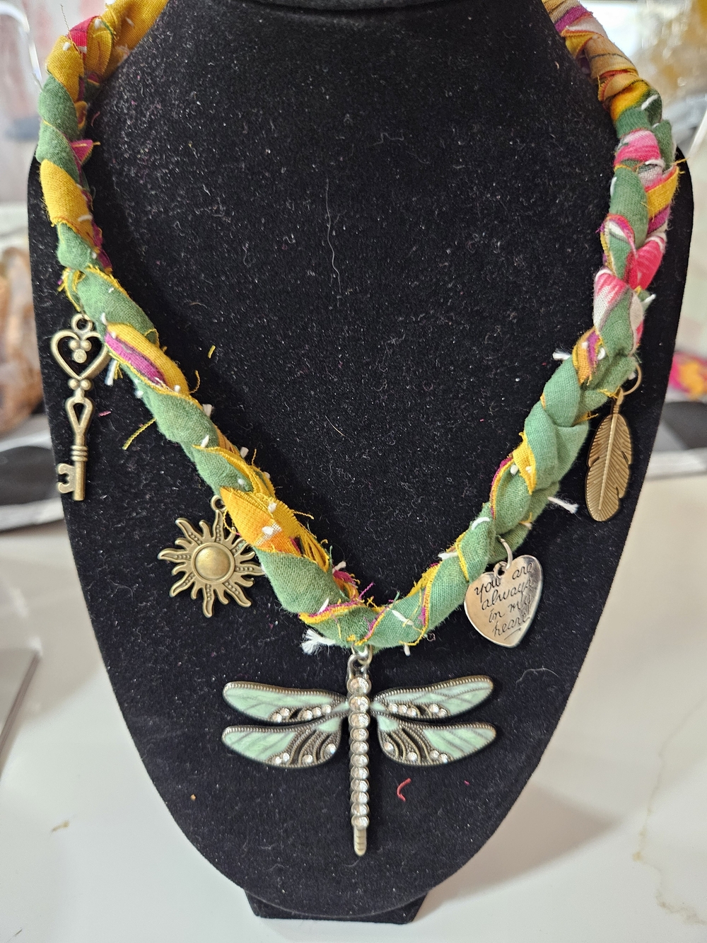 Bohemian Dragonfly Charm Necklace in Green & Yellow